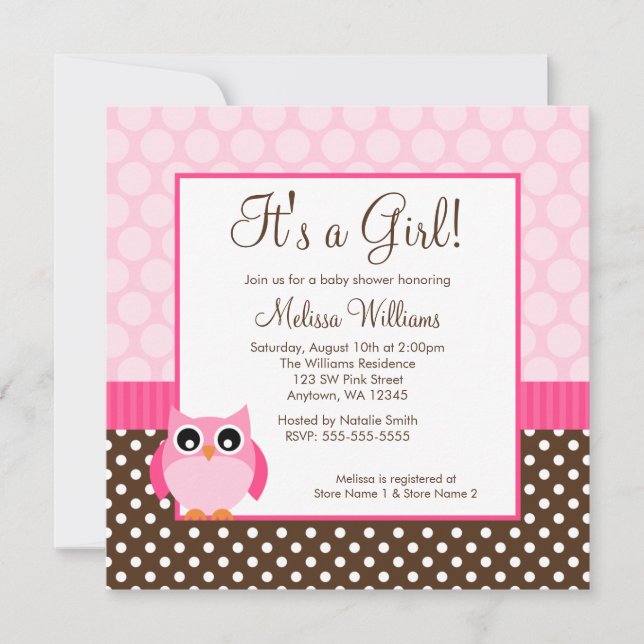 Invitation Baby shower Brown rose de fille de point de polka (Devant)