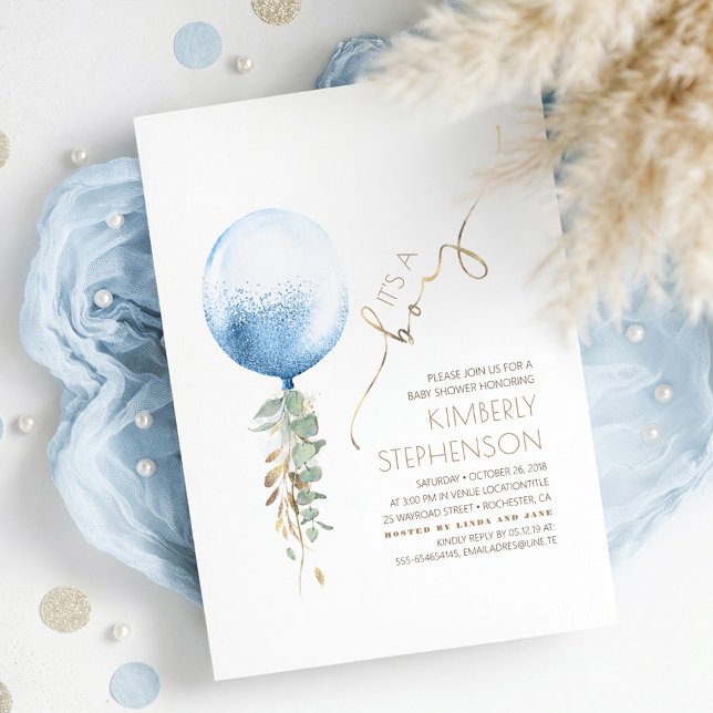 Invitation Baby shower Brown Sage Green et Blue Boy (Whimsical Cute Light Blue Balloon and Gold Baby Boy Baby Shower Invitation)