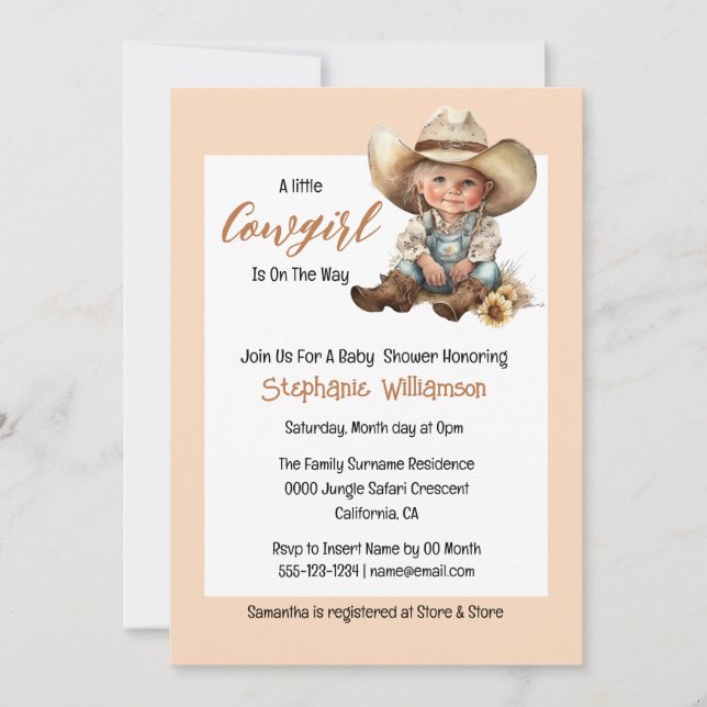 Invitation Baby shower brun rose de cowgirl occidentale (Devant)