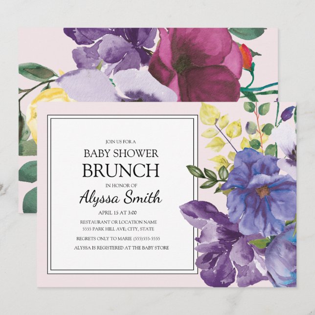 Invitation Baby Shower Brunch Fleurs Jaune Rose Violet (Devant / Derrière)
