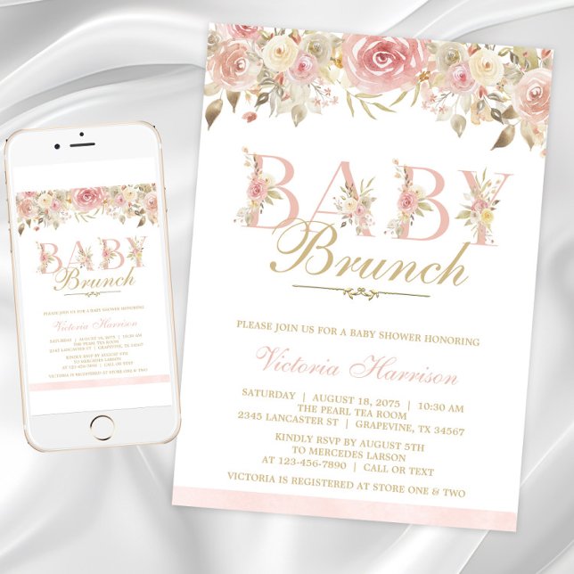 Invitation Baby-shower brunch 'Fleurs roses tendres' (Instant download and printed invitations available.)