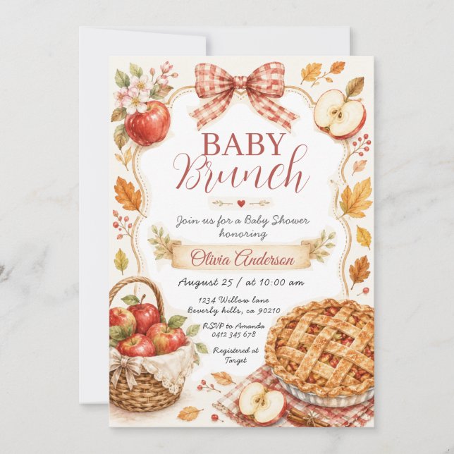 Invitation Baby Shower Brunch Red Bow Apple Cutie Pie (Devant)