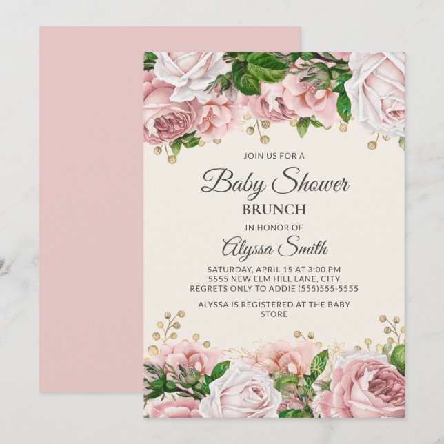 Invitation Baby Shower Brunch Rose Pâle et Or (Devant / Derrière)