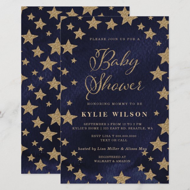 Invitation Baby shower Budget Gold Stars (Devant / Derrière)