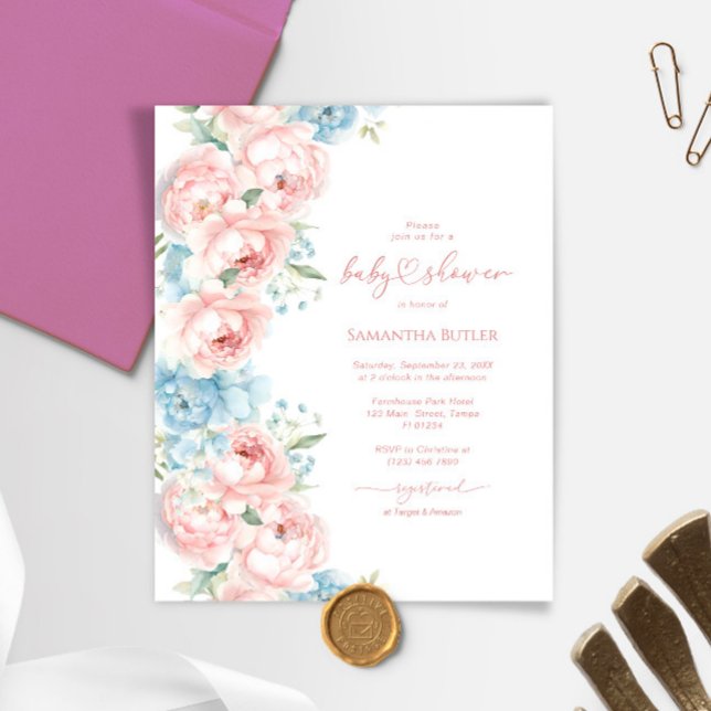 Invitation Baby shower Budget Rose & Fleurs Bleues (Créateur téléchargé)