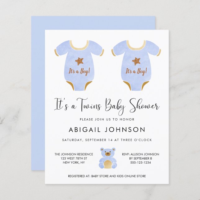 Invitation Baby shower Budget Twin Boys (Devant / Derrière)