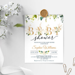 Invitation Baby shower Budget White & Gold Eucalyp