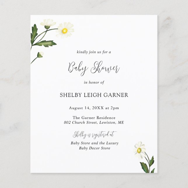 Invitation Baby shower budgétaire floral White Dai (Devant)