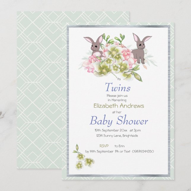 Invitation Baby shower Bunny Floral Twins Mint (Devant / Derrière)