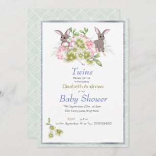 Invitation Baby shower Bunny Floral Twins Mint