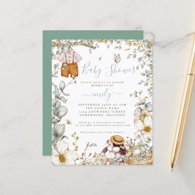 Invitation Baby shower Bunny Sage Boy (Devant/Arrière en situation)