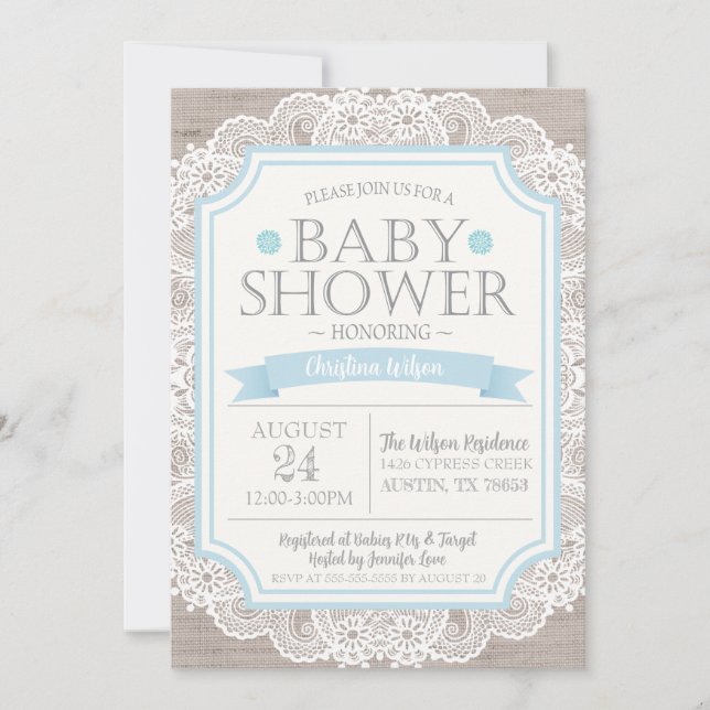 Invitation Baby shower Burlap Blue & Lace (Devant)