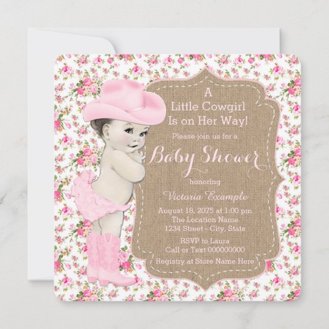 Invitation Baby shower Burlap Cowgirl (Devant)