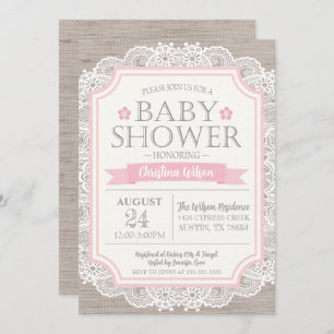 Invitation Baby shower Burlap Rose et dentelle