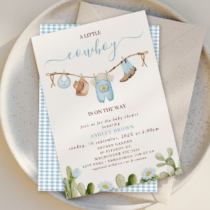 Invitation Baby shower Cactus Cowboy Cute Blue Clothesline