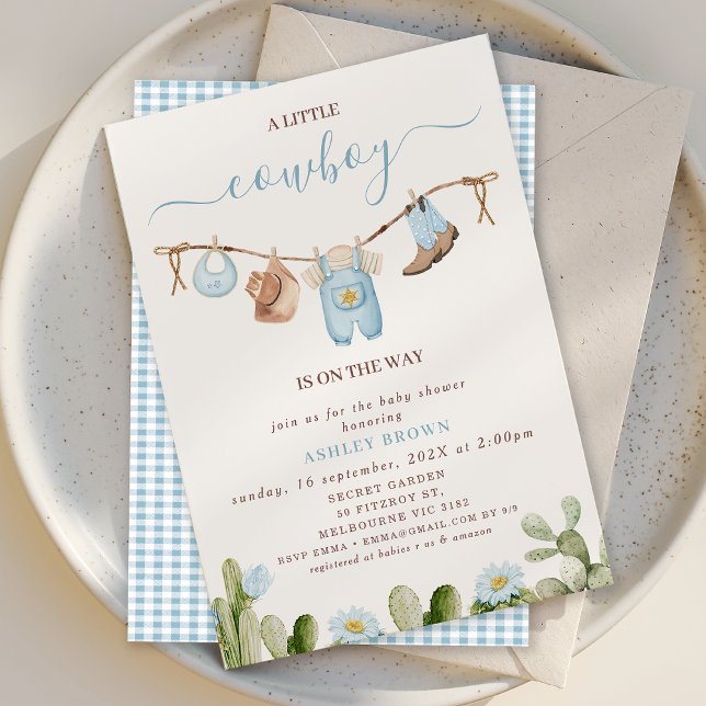 Invitation Baby shower Cactus Cowboy Cute Blue Clothesline (Little Cowboy Baby Shower Invitation Blue Floral Cactus, Cowboy Baby Shower Invitation Clothesline)