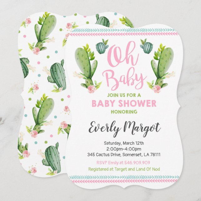 Invitation Baby shower Cactus Douche Succulente (Devant / Derrière)