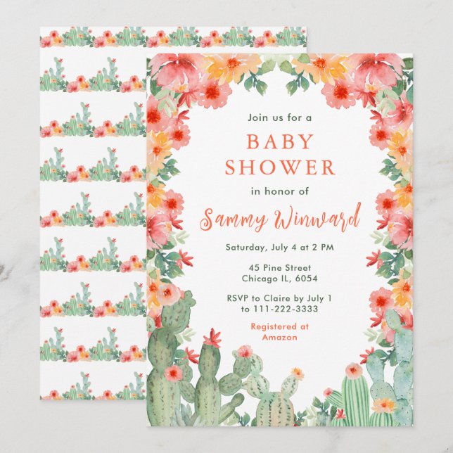 Invitation Baby Shower Cactus Floral Boho (Devant / Derrière)