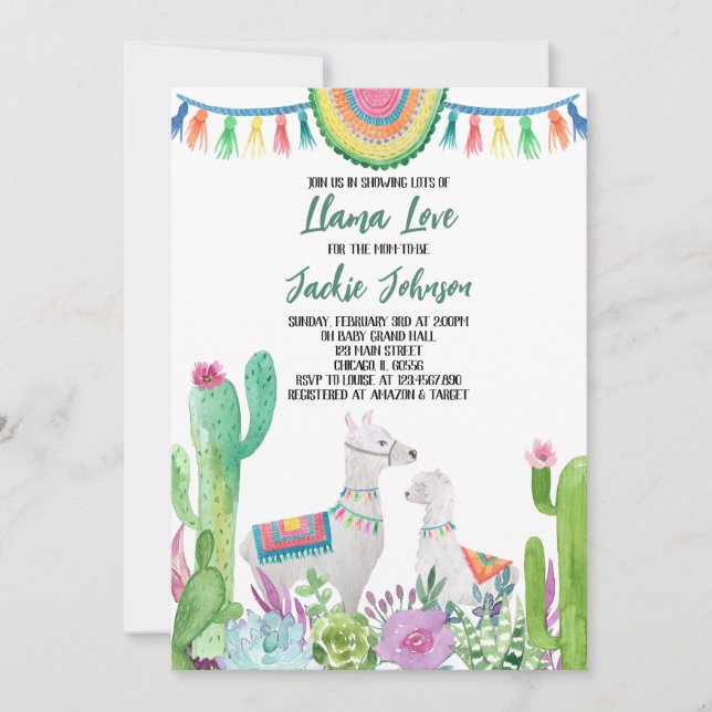Invitation Baby shower Cactus Llama (Devant)
