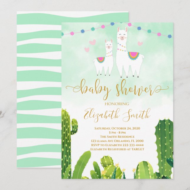Invitation Baby shower Cactus Llama (Devant / Derrière)