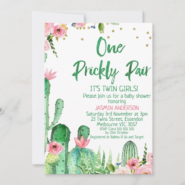 Invitation Baby shower Cactus One Prickly Pair Twins (Devant)