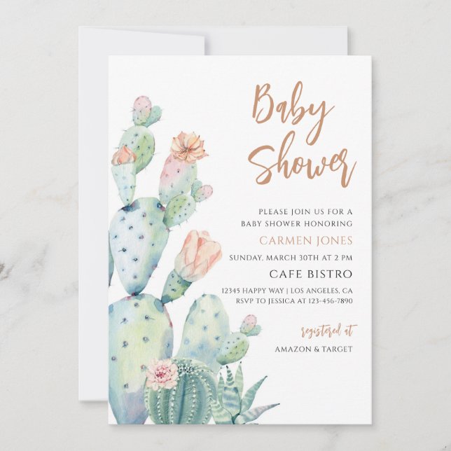 Invitation Baby Shower Cactus Succulent du Désert (Devant)