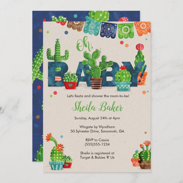 Invitation Baby shower Cactus| Thème Cactus (Devant / Derrière)