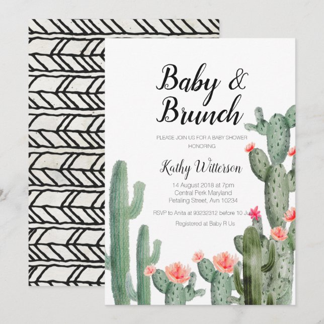 Invitation Baby shower Cactus verdoyant pour bébé brunch invi (Devant / Derrière)