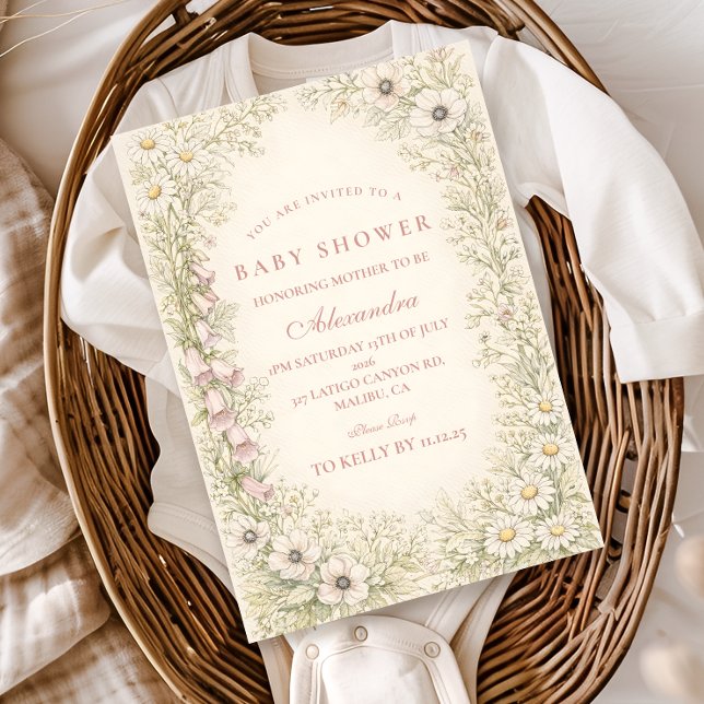 Invitation Baby Shower Cadre Botanique Fleur Sauvage Vintage (Créateur téléchargé)