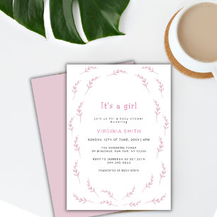 Invitation Baby shower-cadre Feuille Aquarelle rose