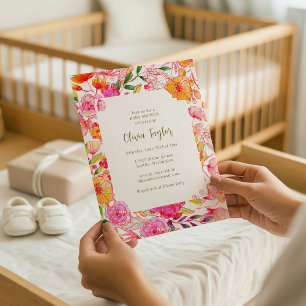Invitation Baby Shower Cadre Floral Orange Rose Clair Coloré