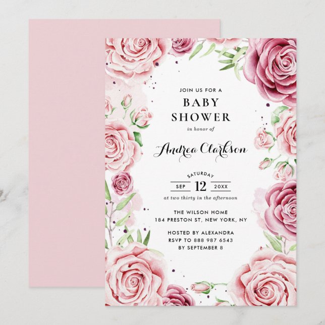 Invitation Baby shower-cadre Rose Aquarelle rose (Devant / Derrière)