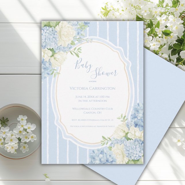 Invitation Baby Shower Cadre Vintage Hydrangea Bleue  (Créateur téléchargé)