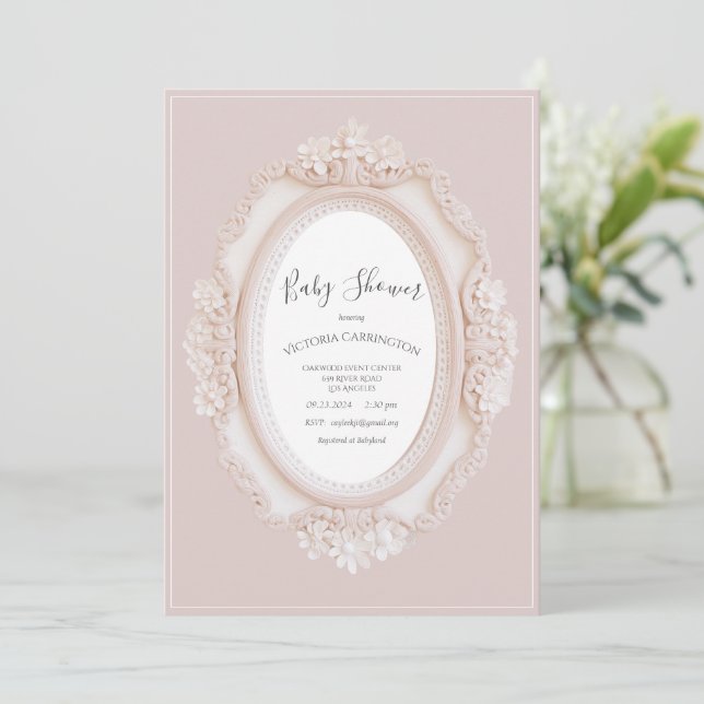 Invitation Baby-Shower Cadre Vintage Rose (Debout devant)