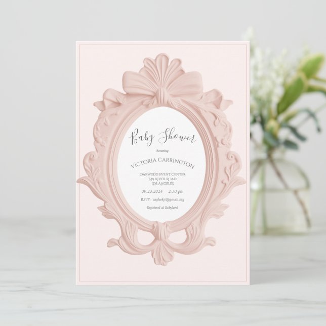 Invitation Baby-Shower Cadre Vintage Rose (Debout devant)