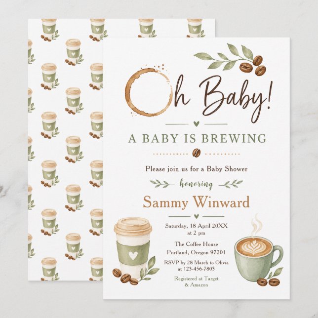 Invitation Baby Shower Café Thème Vert Sauge (Devant / Derrière)