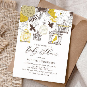 Invitation Baby Shower Cage à Oiseaux Jaune Vintage
