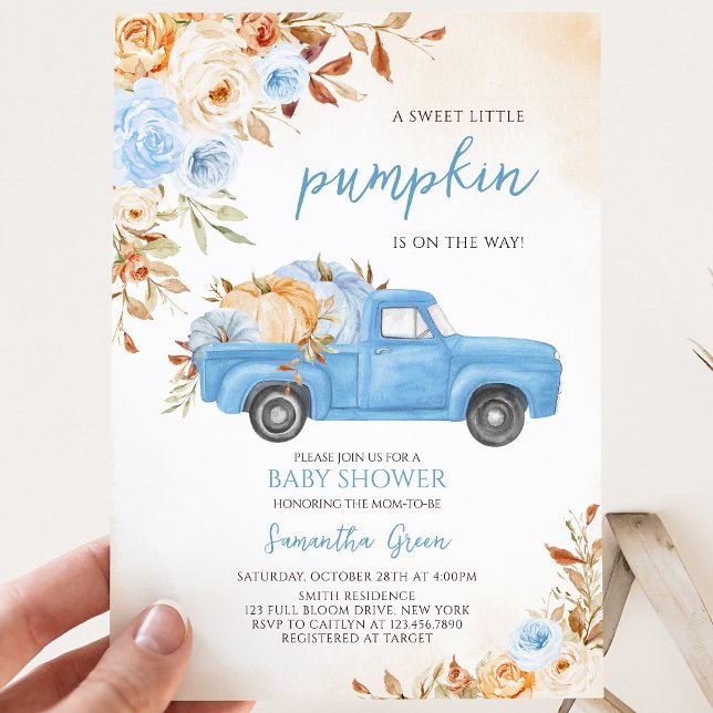 Invitation Baby Shower Camion Citrouille Bleue (Créateur téléchargé)