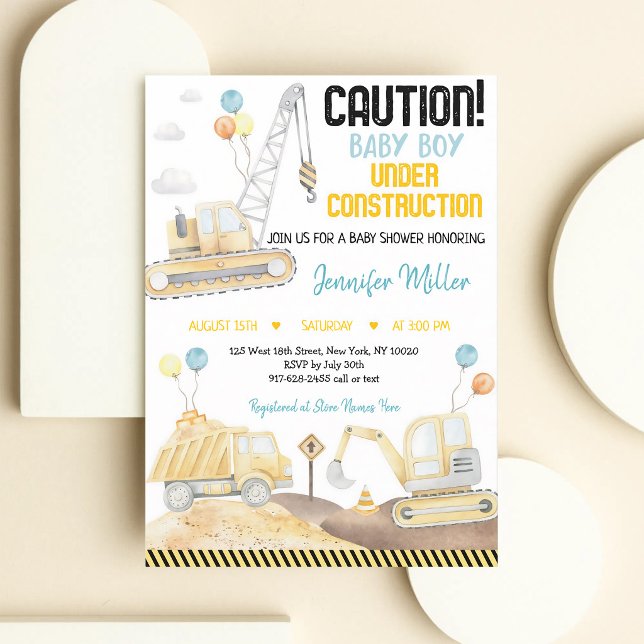Invitation Baby Shower Camions de Construction Aquarelle (Créateur téléchargé)