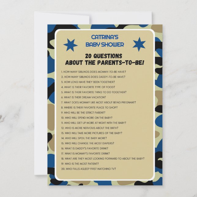 Invitation Baby shower Camo bleu - Nom modifiable, 5x7 (Devant)