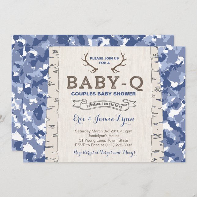 Invitation Baby shower Camouflage bleu pour garçon (Devant / Derrière)