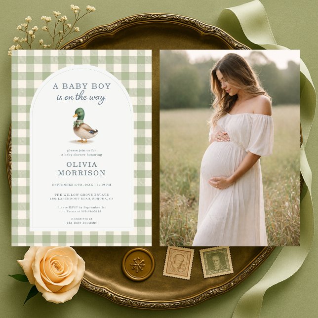 Invitation Baby Shower Canard Colvert Gingham Phot (Créateur téléchargé)