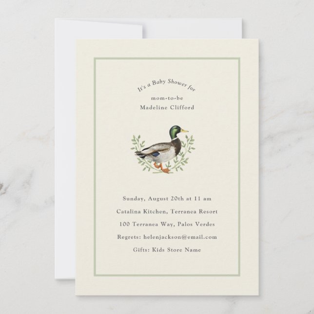 Invitation Baby Shower Canard Colvert Vert Sauge V (Devant)