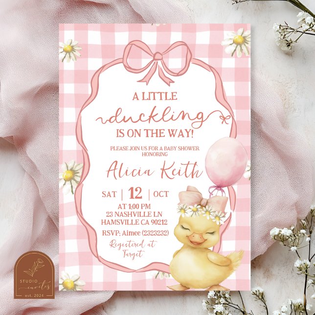 Invitation Baby Shower Canard Jaune Fleur Gingham Rose (Créateur téléchargé)