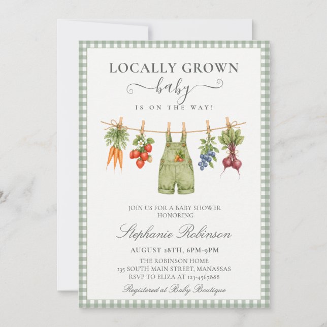 Invitation Baby Shower Caramel Sage Gingham Local (Devant)