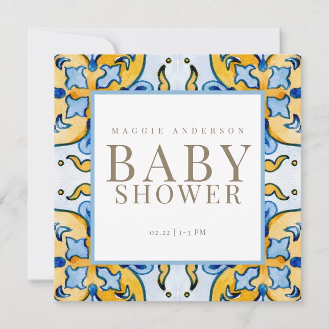 Invitation Baby shower Carré bleu et jaune (Devant)