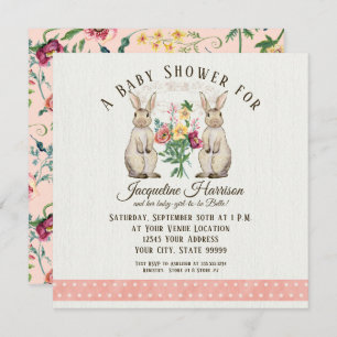 Invitation Baby shower Carré  de filles de lapin à conte de f