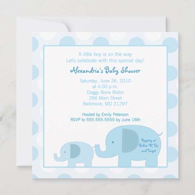 Invitation Baby shower Carré des Eléphants Bleus M (Devant)