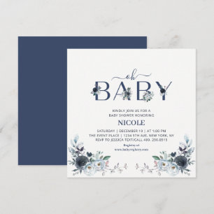 Invitation Baby-Shower Carré Fleurs Bohème Bleu Marine Garçon
