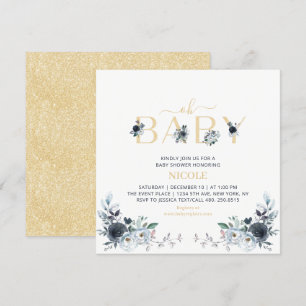 Invitation Baby-Shower carré Navy & Or Bohème Floral
